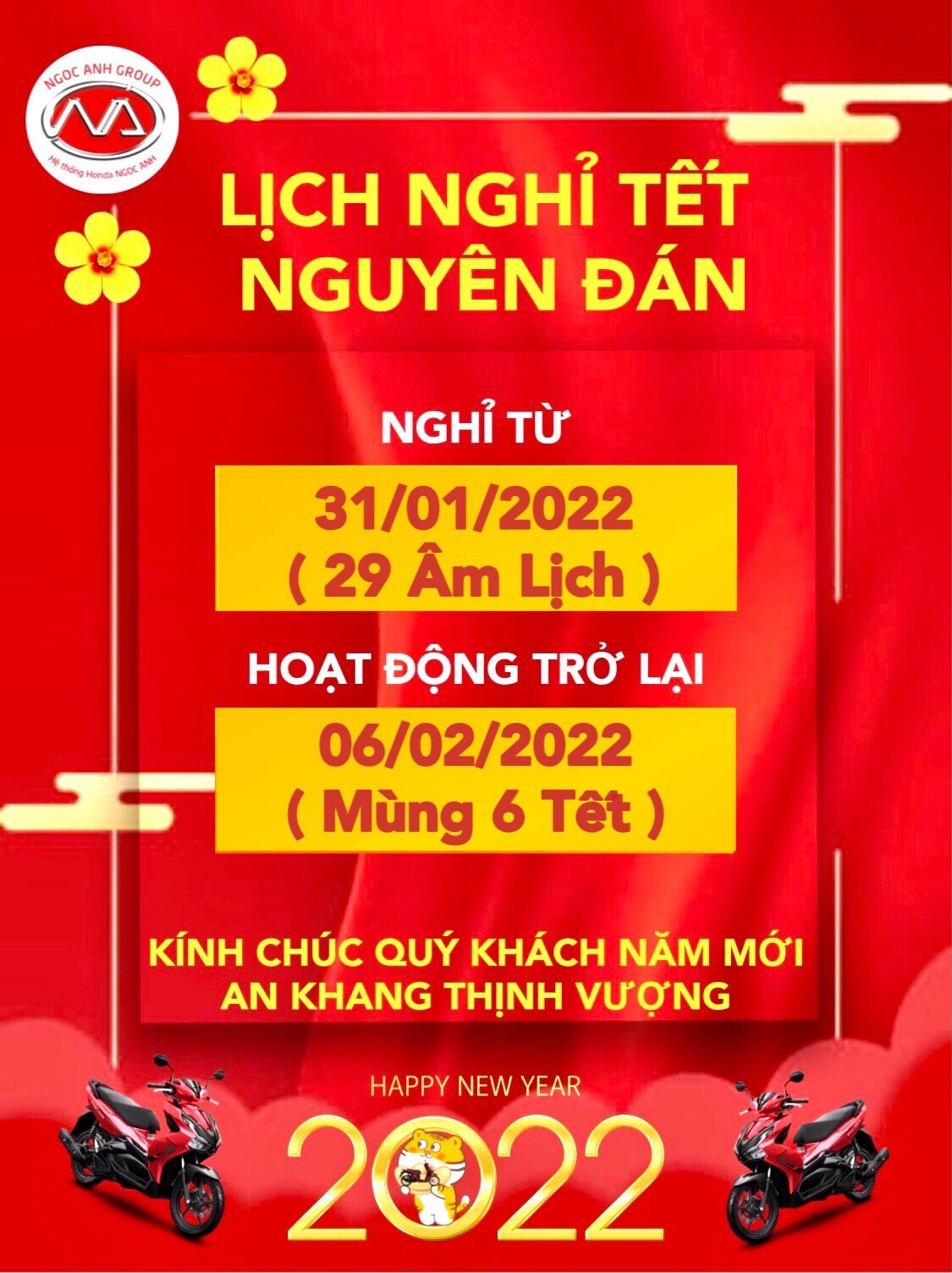 Thông Báo Lịch Nghỉ Tết Nguyên Đán Nhâm Dần 2022